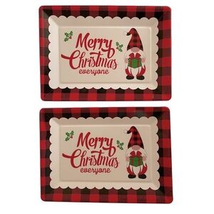 Christmas Melamine Serving Trays Red Black Buffalo Plaid Border Gnome Set of Two